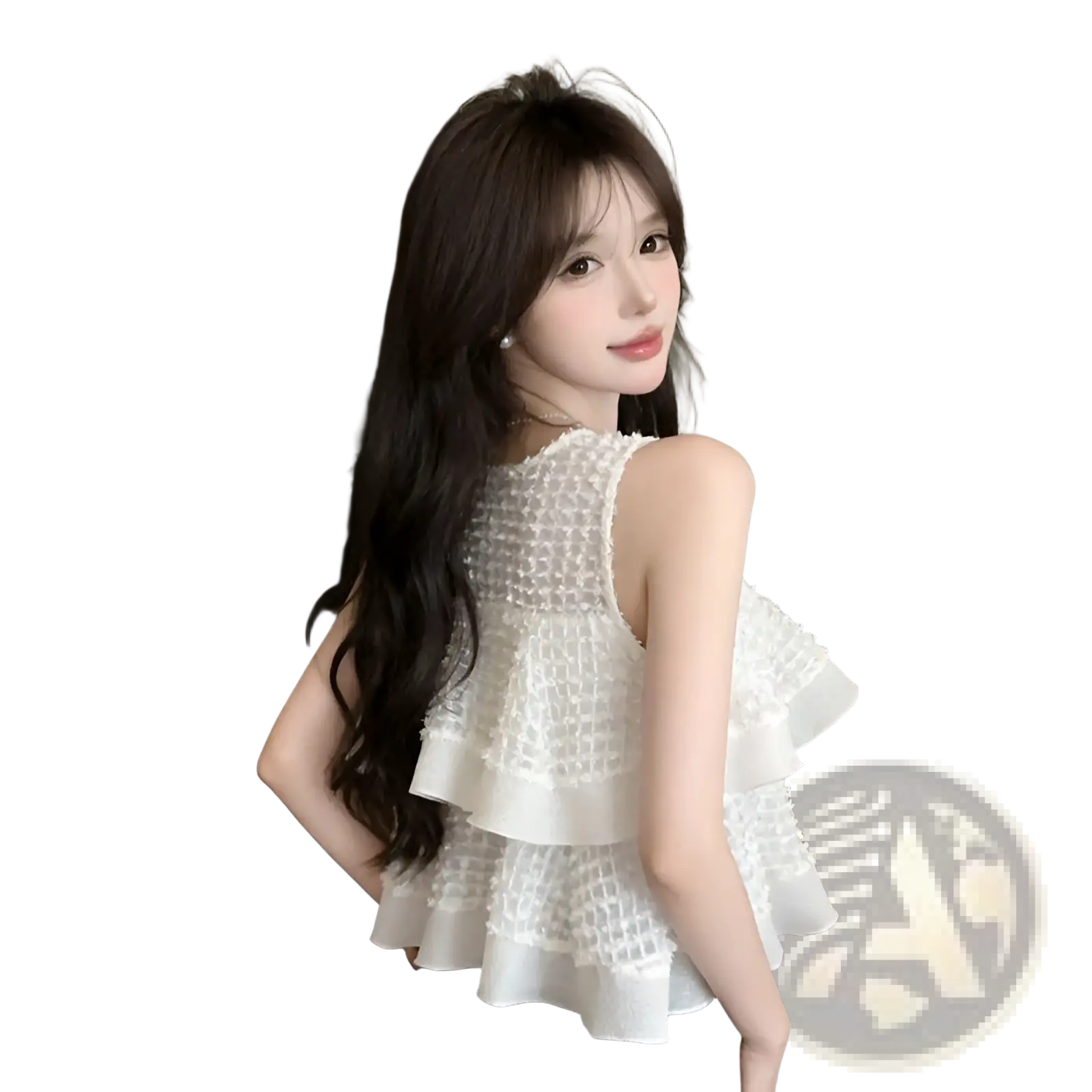 White sleeveless top with textured grid pattern and layered ruffles at the back shown from the rear view