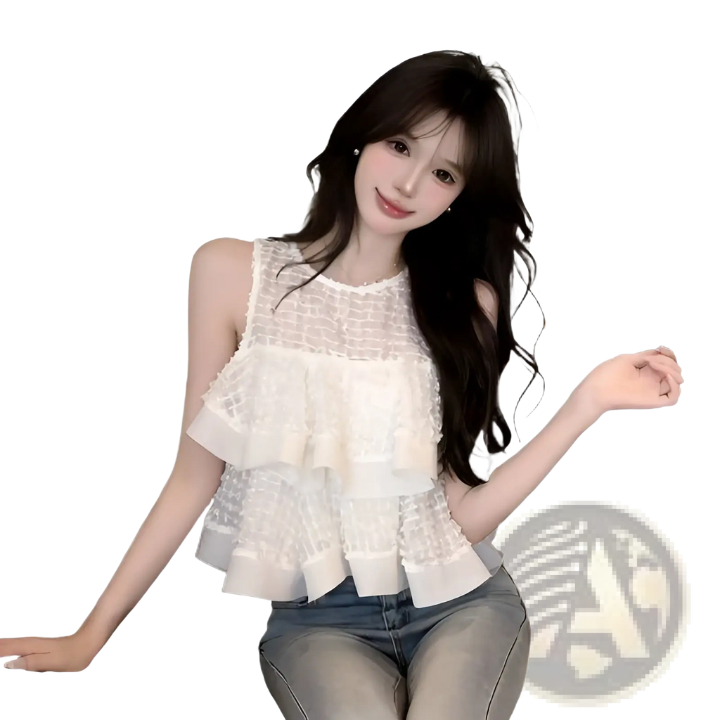 A delicate white sleeveless top with textured mesh bodice and layered ruffle detailing for elegant wear