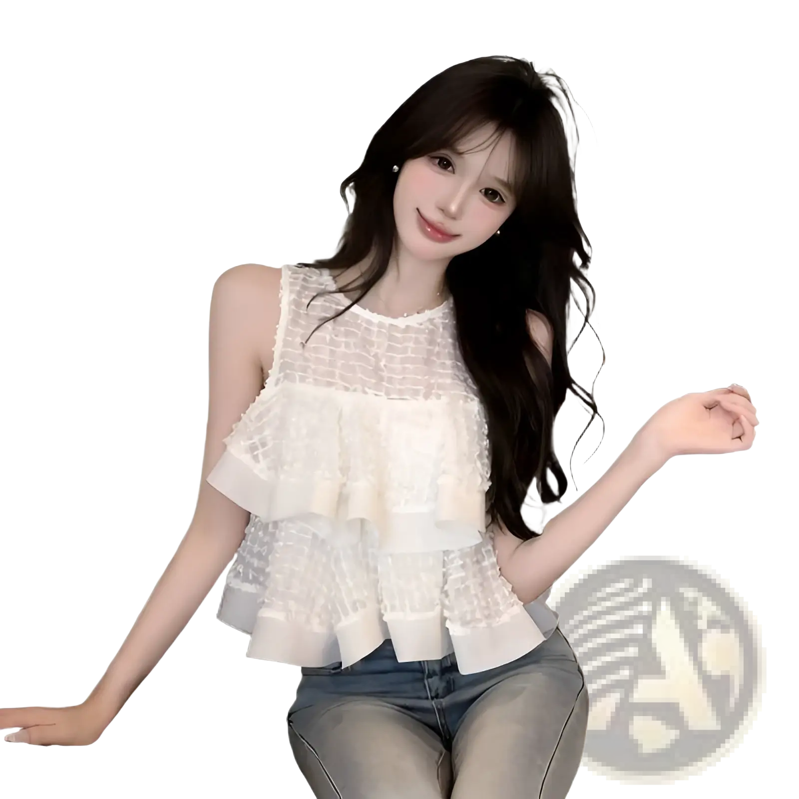 A delicate white sleeveless top with textured mesh bodice and layered ruffle detailing for elegant wear