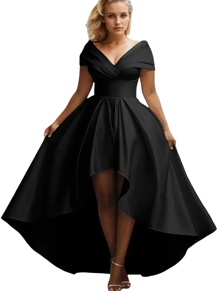 Black satin high-low evening dress plus size with off-the-shoulder neckline and fitted waist detail