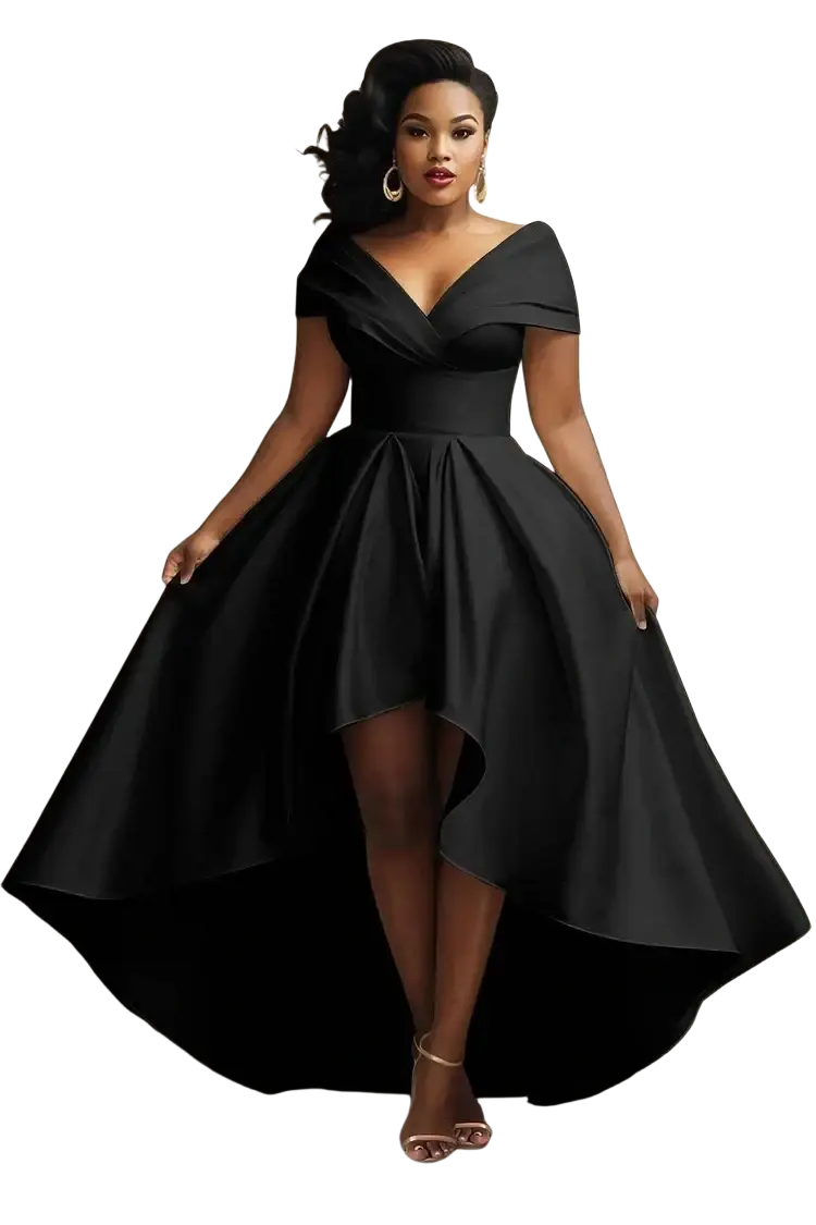 Elegant black satin off-the-shoulder plus size evening dress with a high-low hemline for formal occasions