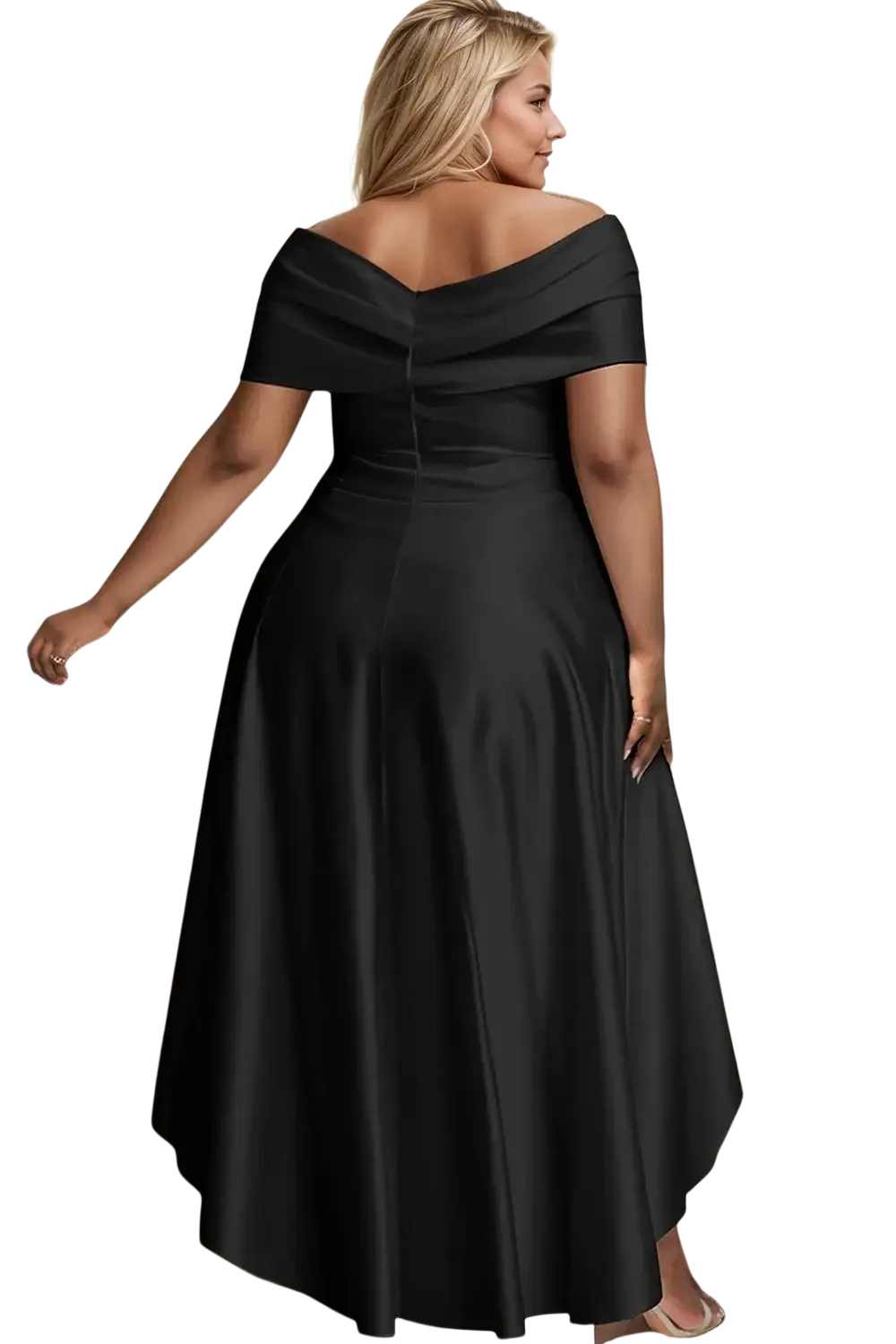 Black satin high low evening dress plus size featuring off the shoulder fitted bodice and flowing skirt