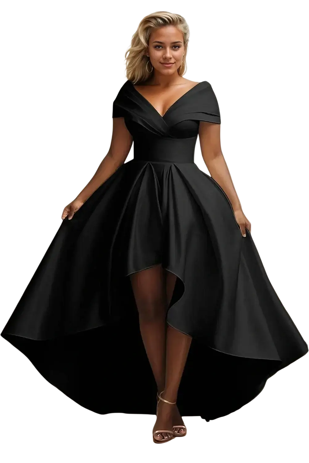 Black satin high-low evening dress plus size with v-neckline and off-the-shoulder sleeves in sleek satin fabric