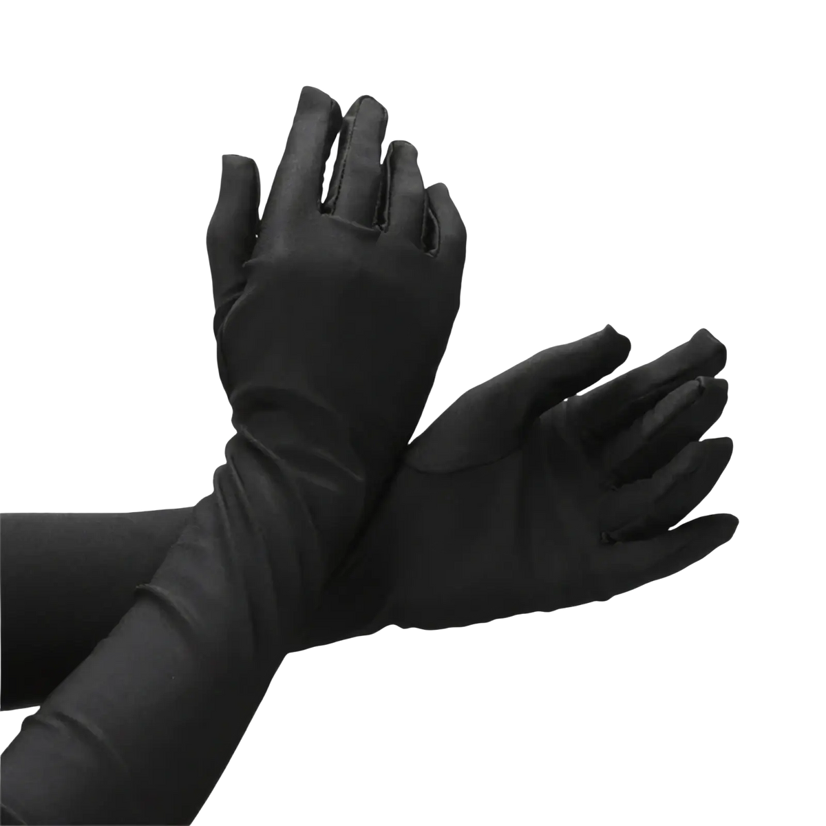 Black satin long opera gloves for women with a smooth glossy finish and long sleeves extending past the wrist