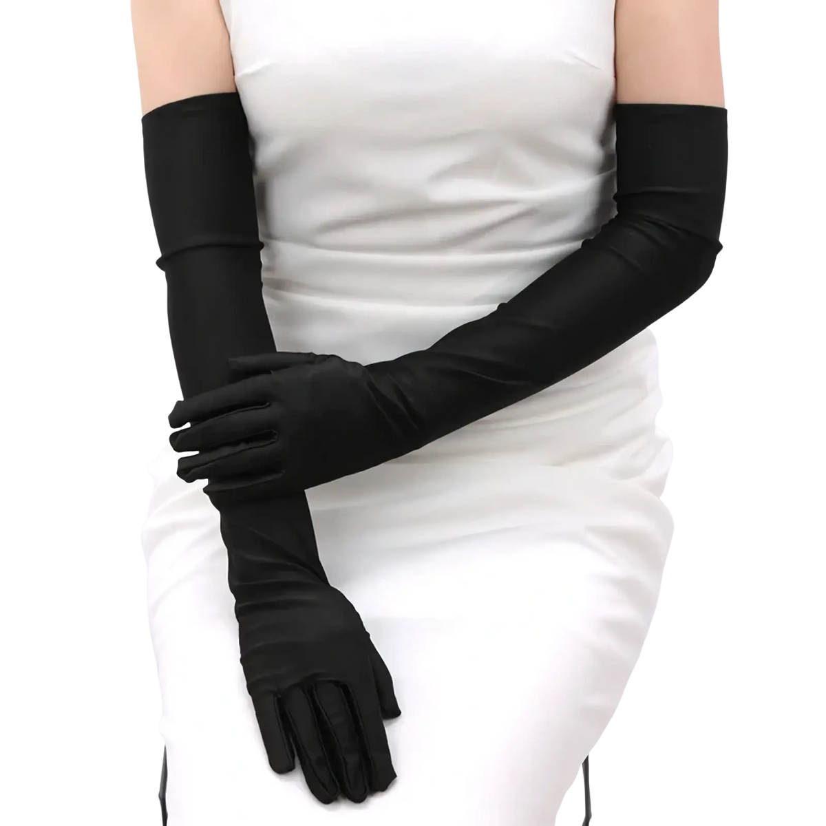 Black satin long opera gloves for women with smooth glossy finish and seamless design