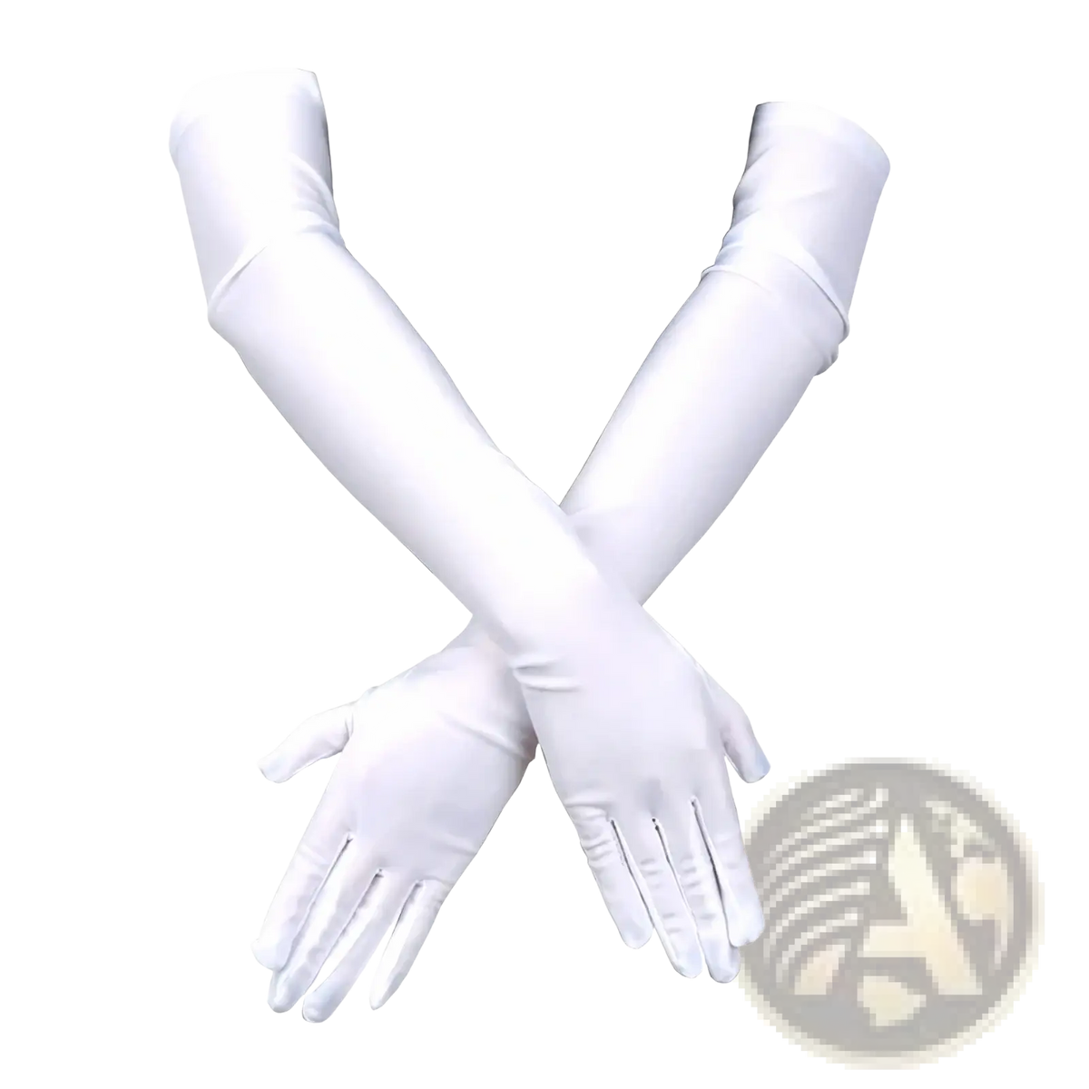 A pair of elegant white satin opera gloves with long sleek sleeves designed for formal occasions