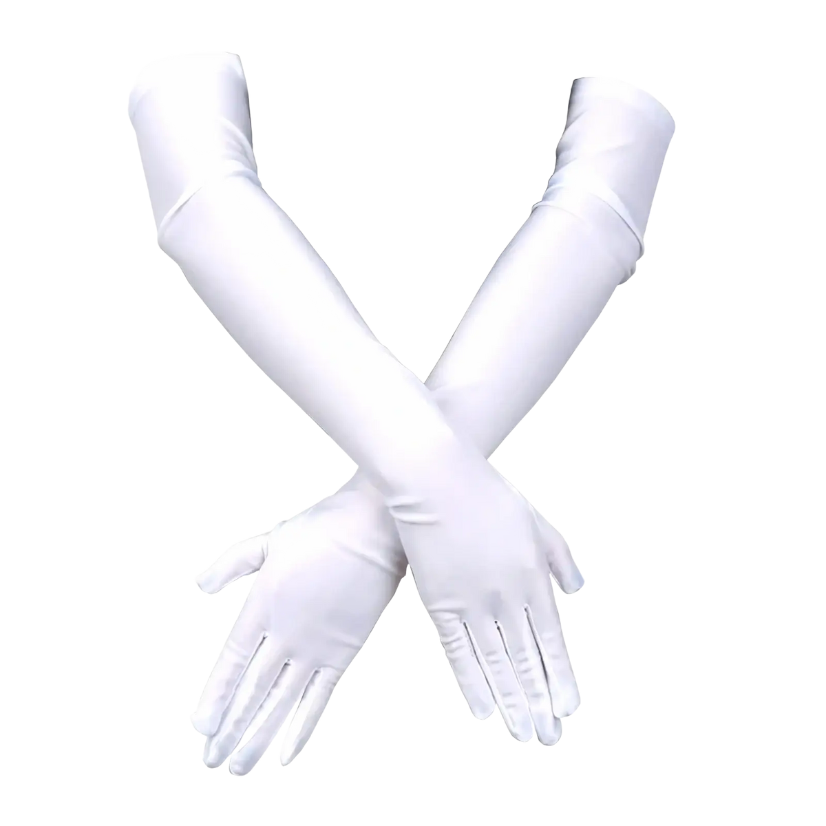 A pair of elegant white satin opera gloves with long sleek sleeves designed as black satin long opera gloves for women