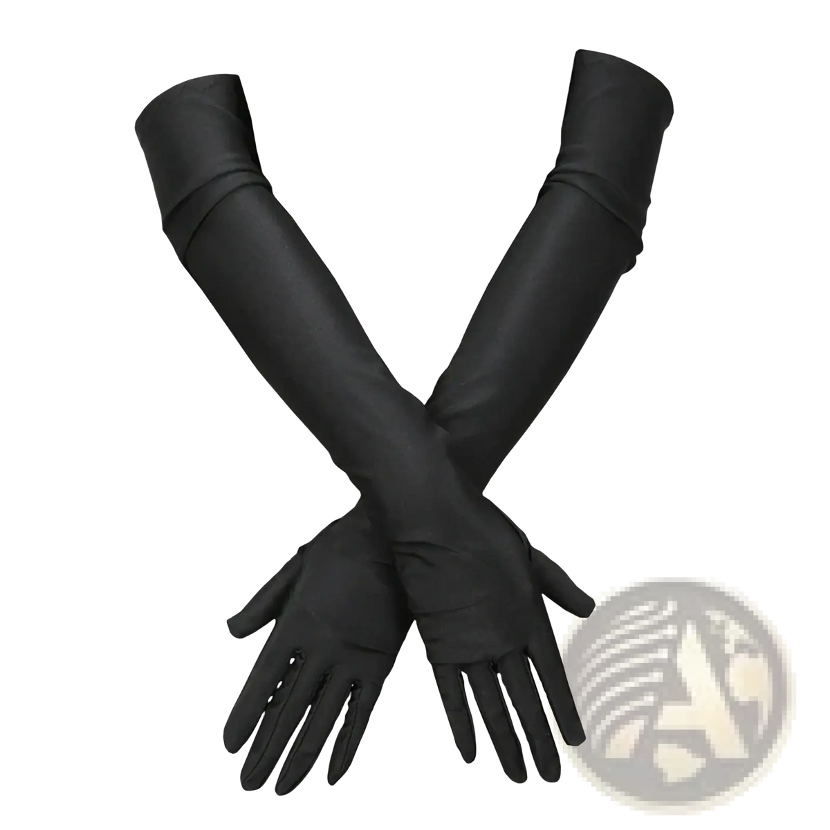 Black satin long opera gloves for women with a sleek glossy finish and slightly gathered cuffs