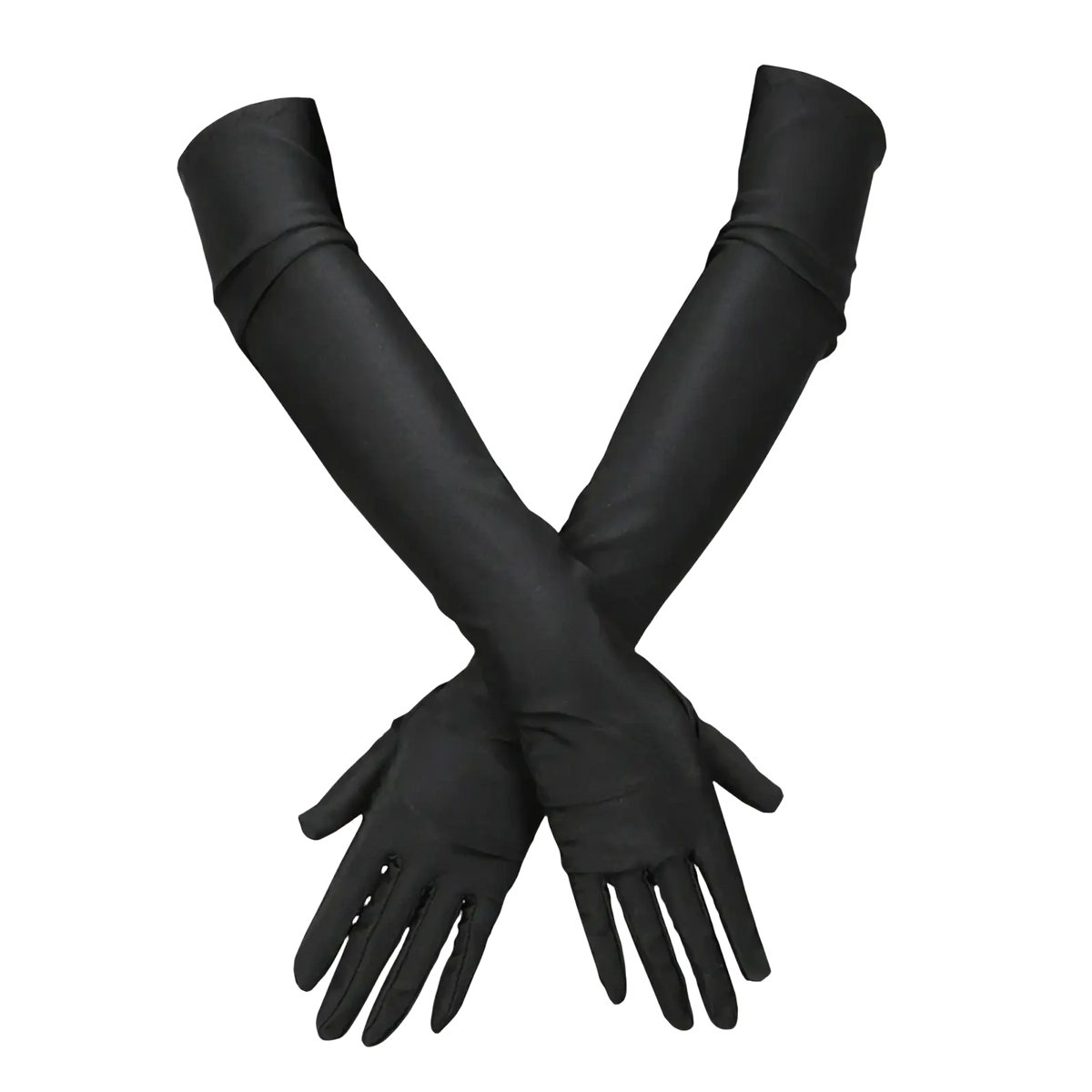 Black satin long opera gloves for women with a smooth glossy finish and slightly gathered cuffs