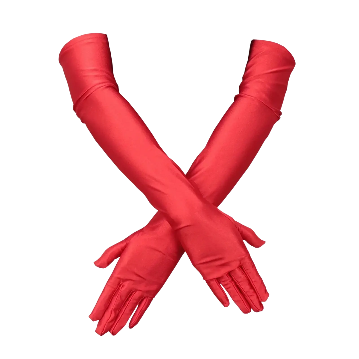 A pair of vibrant red long satin gloves with a smooth glossy finish and elegant slightly gathered cuffs for women