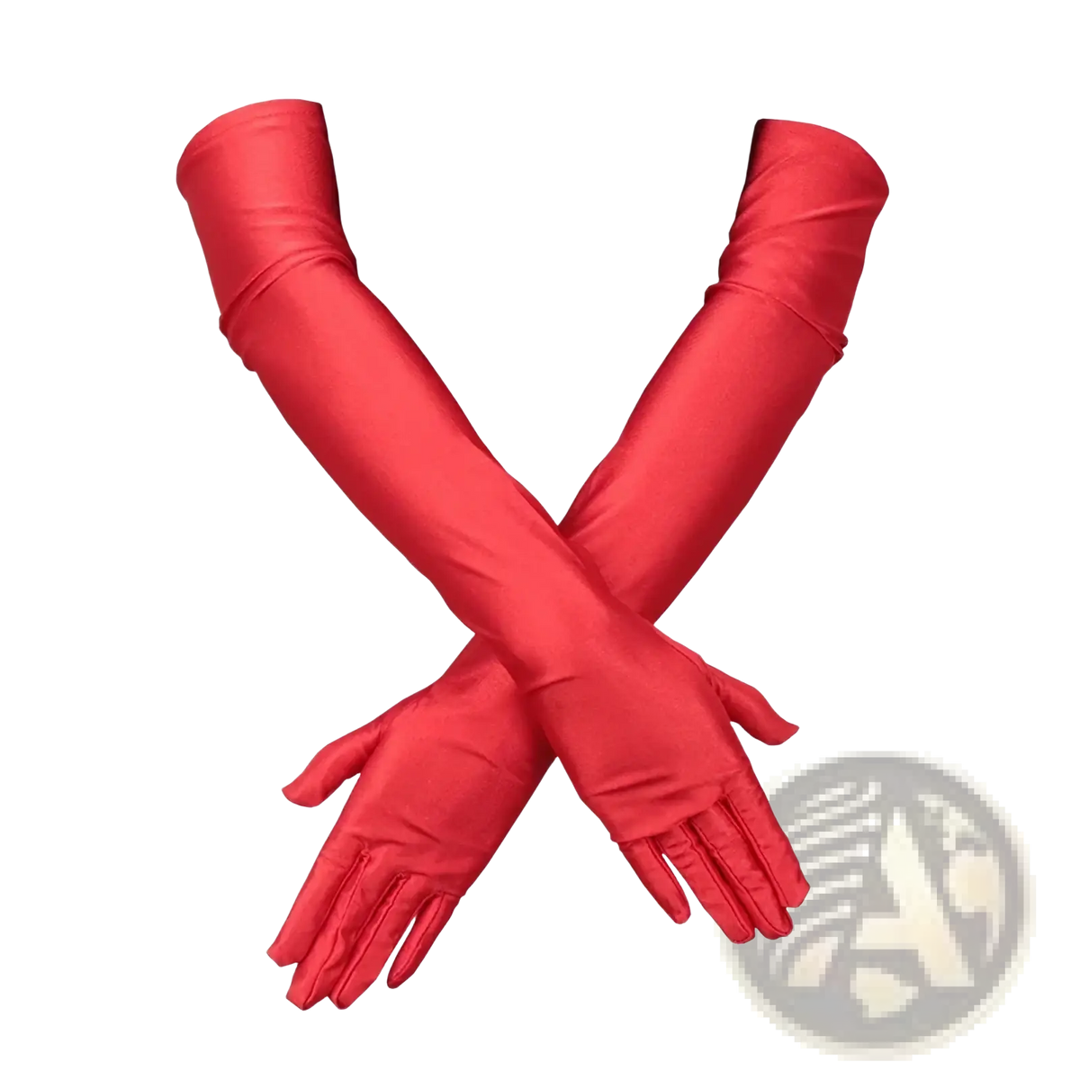 A pair of vibrant red satin long opera gloves for women with a smooth glossy finish and elegant gathered cuffs