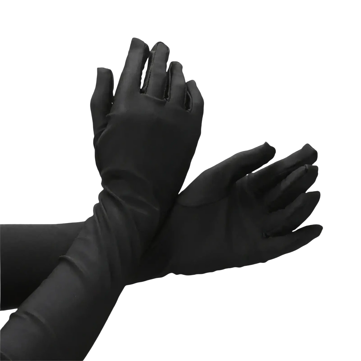 Black satin long opera gloves for women featuring a smooth matte finish and long black sleeves