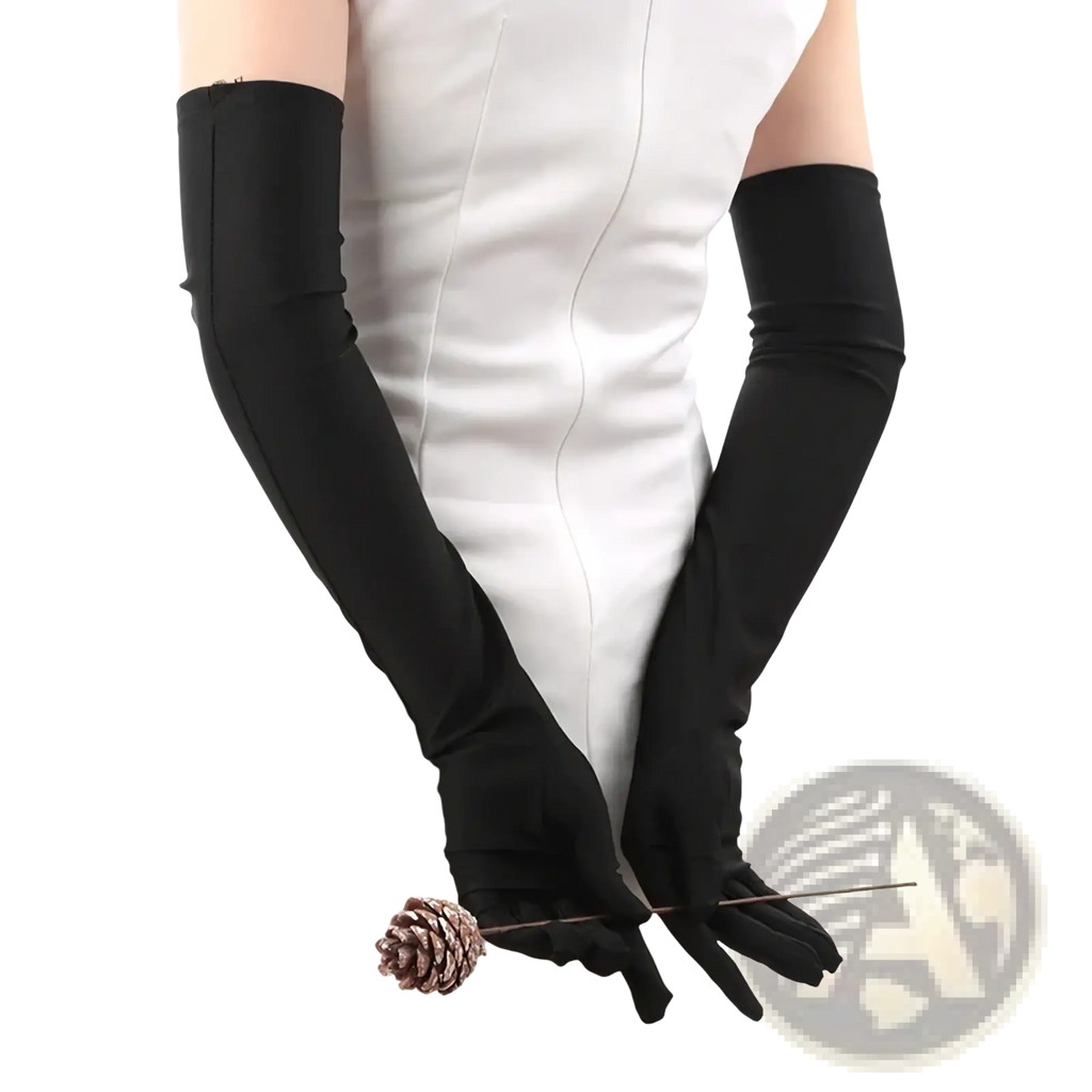 Black satin long opera gloves for women made of smooth fabric with long sleeves