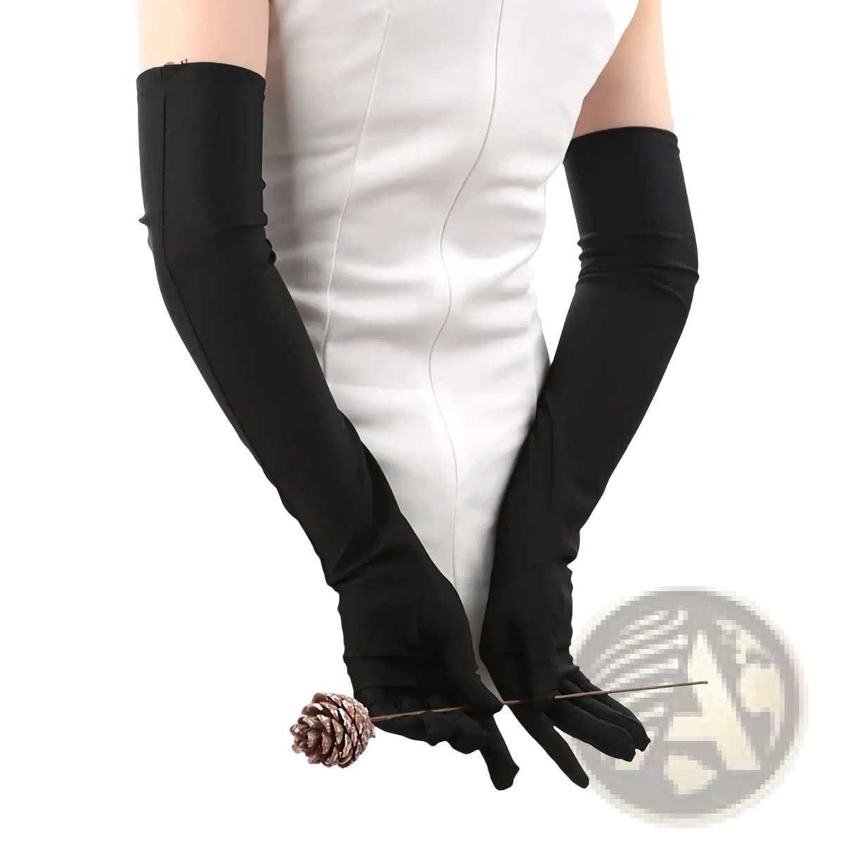 Black satin long opera gloves for women made of smooth fabric with long sleeves