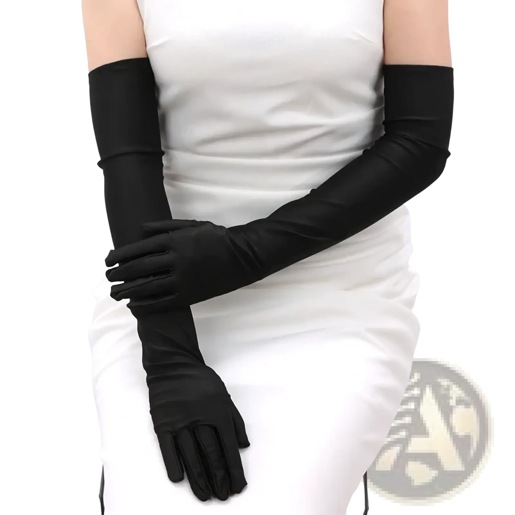 Black satin long opera gloves for women with smooth glossy finish and seamless design