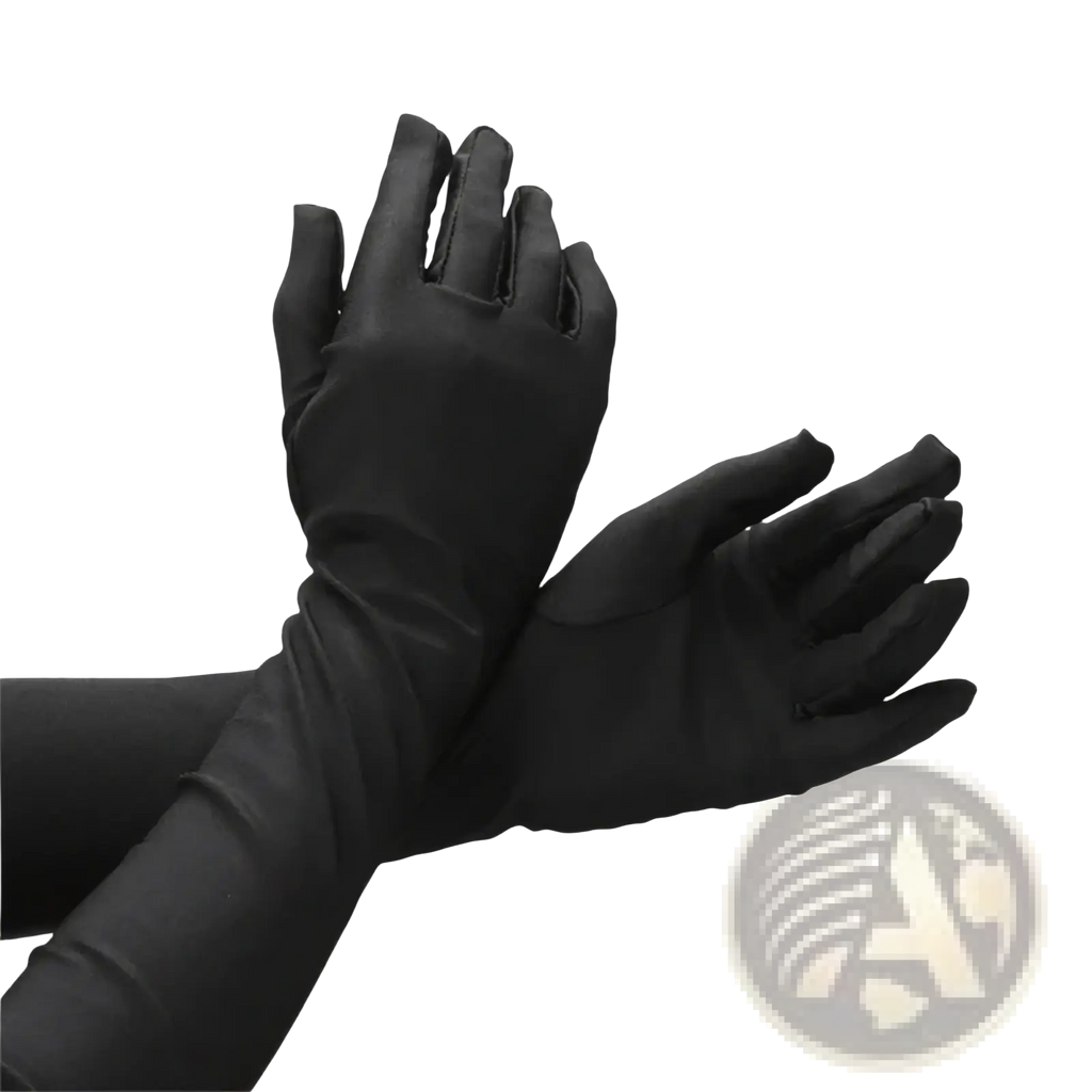 Black satin long opera gloves for women with a smooth glossy finish and long sleeves extending past the wrist