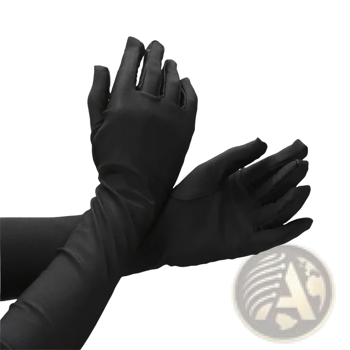 Black satin long opera gloves for women with a smooth glossy finish and long sleeves extending past the wrist
