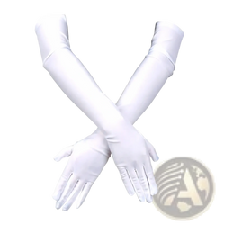 A pair of elegant white satin opera gloves with long sleek sleeves designed as black satin long opera gloves for women