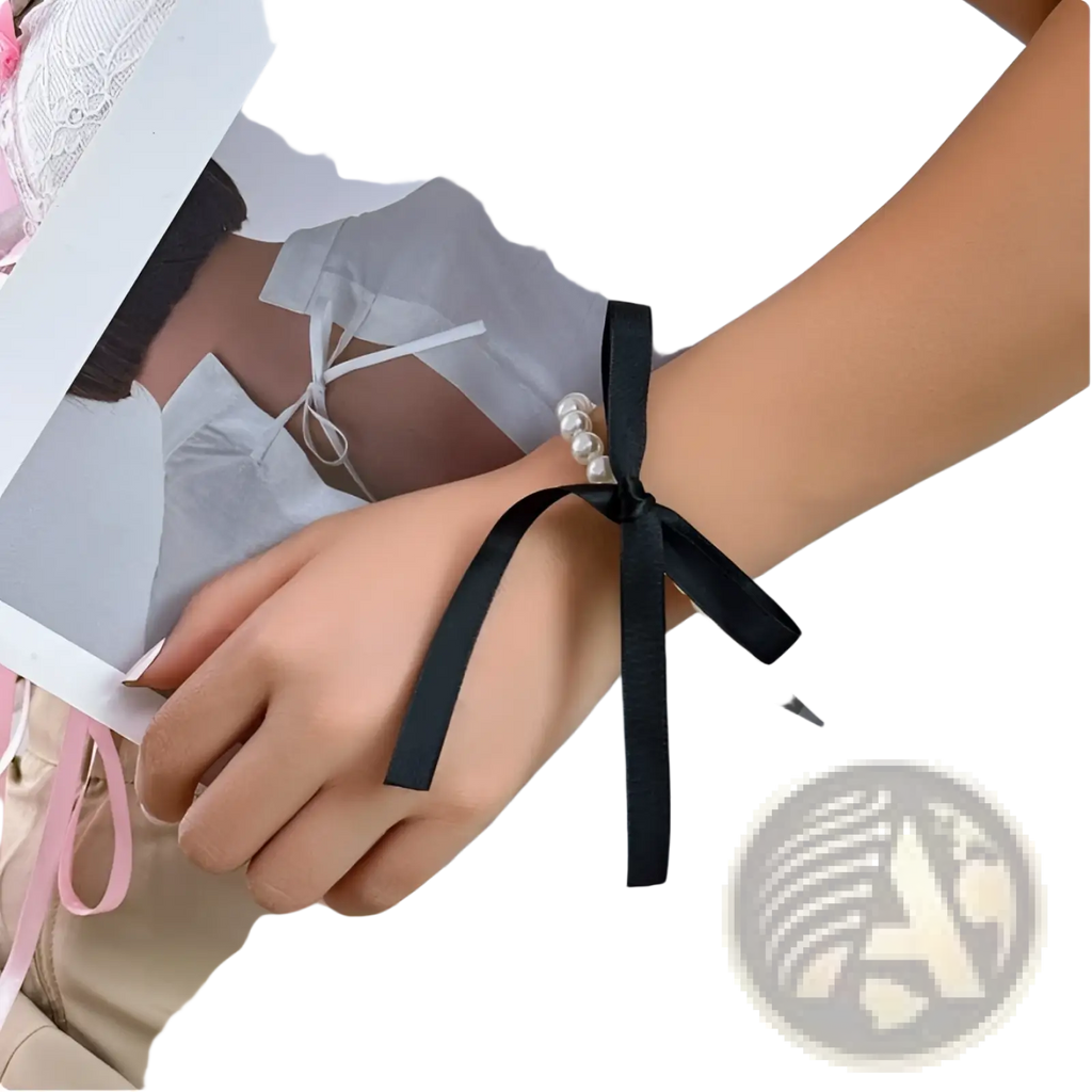 Black satin and pearl ribbon choker jewelry set featuring a satin bow with white pearls at the knot
