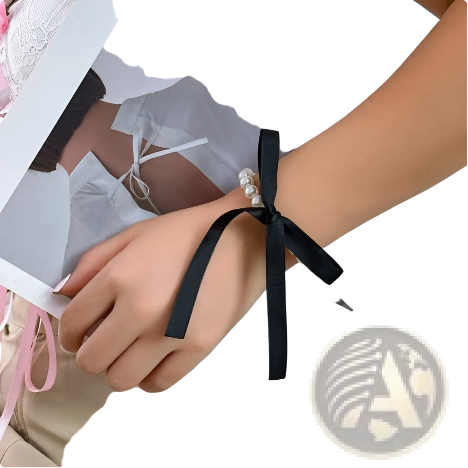 Black satin and pearl ribbon choker jewelry set featuring a satin bow with white pearls at the knot