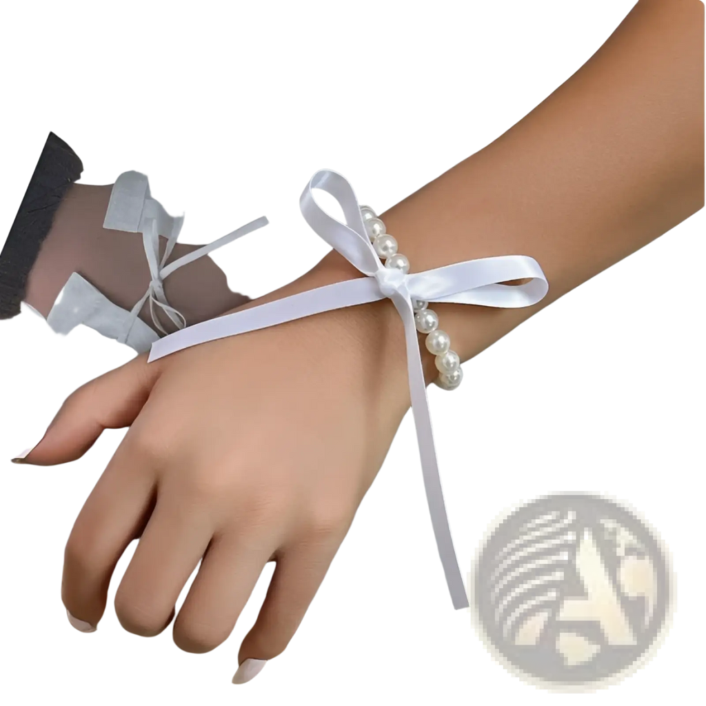 Black satin and pearl ribbon choker jewelry set featuring white satin bow with pearl beads adorning the wrist
