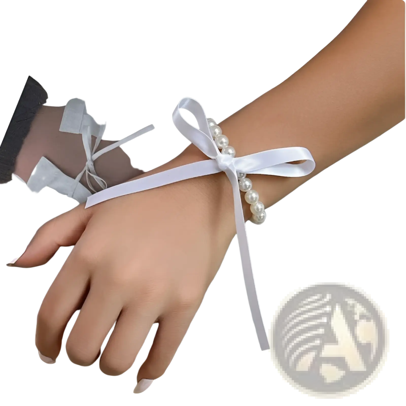 Black satin and pearl ribbon choker jewelry set featuring white satin bow with pearl beads adorning the wrist