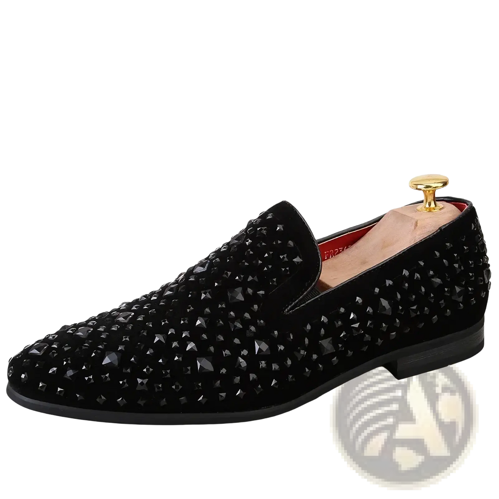 Black suede loafer with sparkling black rhinestones and pointed toe design in black sequin pointed toe loafers collection
