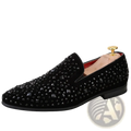 Black suede loafer with sparkling black rhinestones and pointed toe design in black sequin pointed toe loafers collection