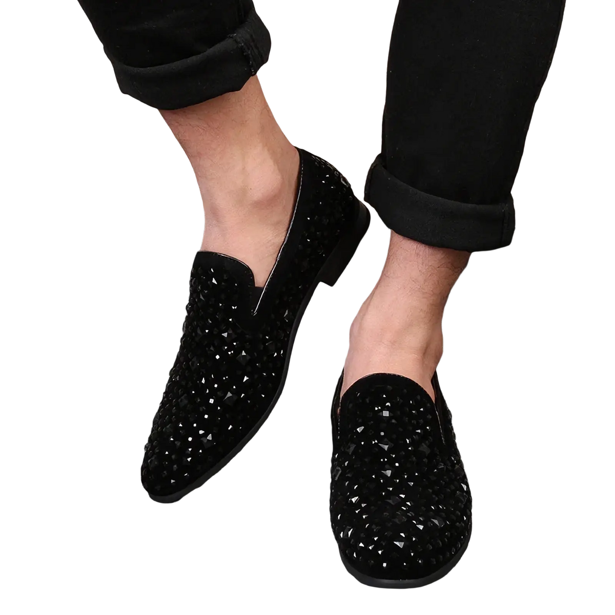 Black sequin pointed toe loafers in black suede adorned with sparkling embedded rhinestones for elegant wear