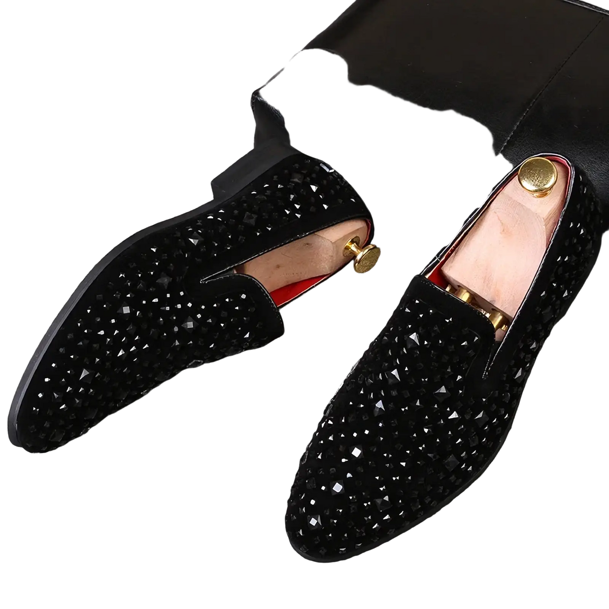 Black sequin pointed toe loafers in black suede with sparkling rhinestones and gold-toned metal accents on the insole