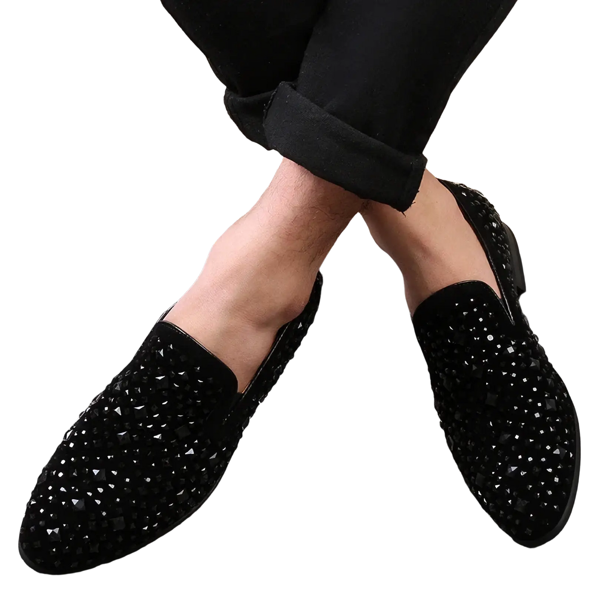 Black suede pointed toe loafers adorned with sparkling black and silver rhinestones for elegant wear