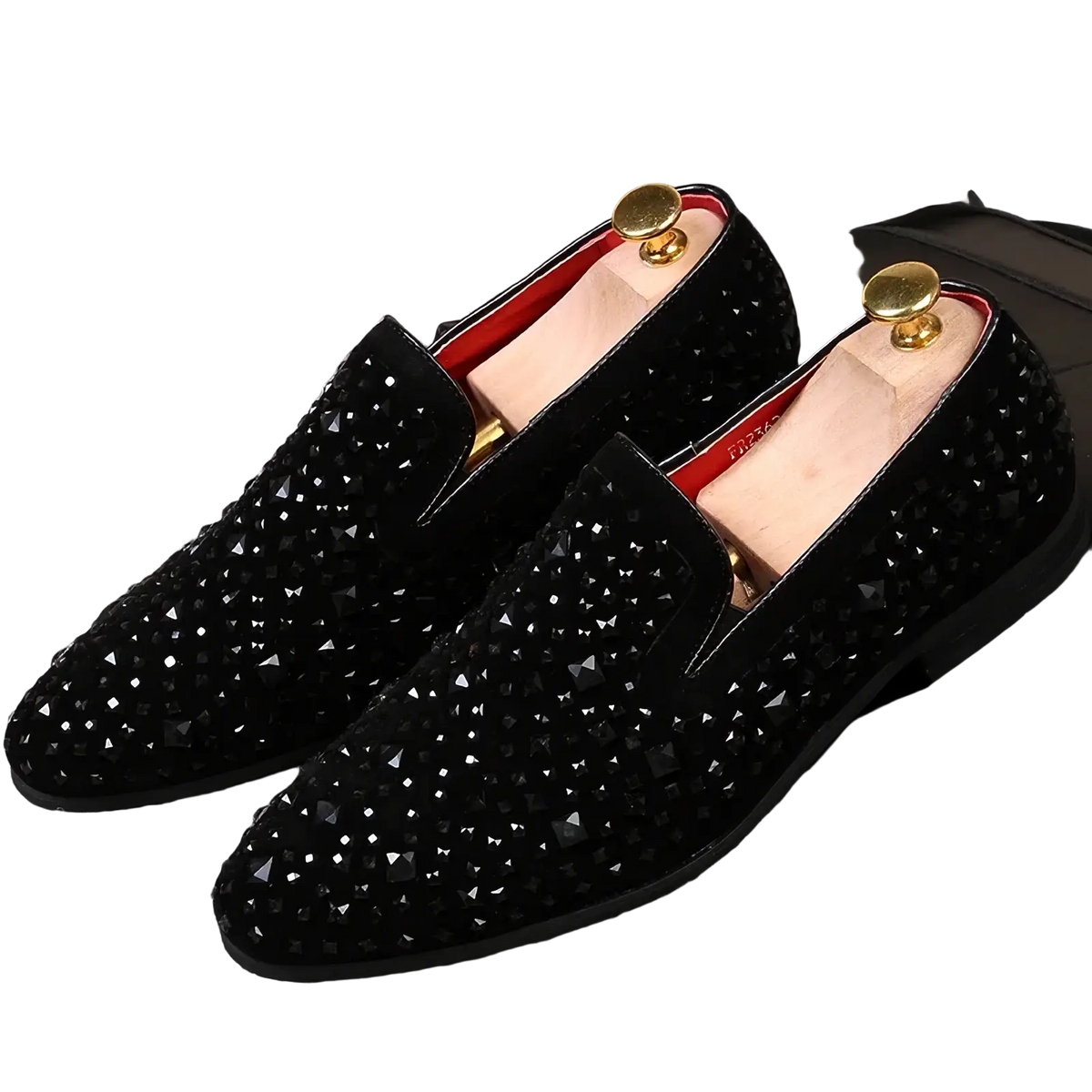 Black sequin pointed toe loafers in black suede with sparkling rhinestones and gold-toned shoe trees inside