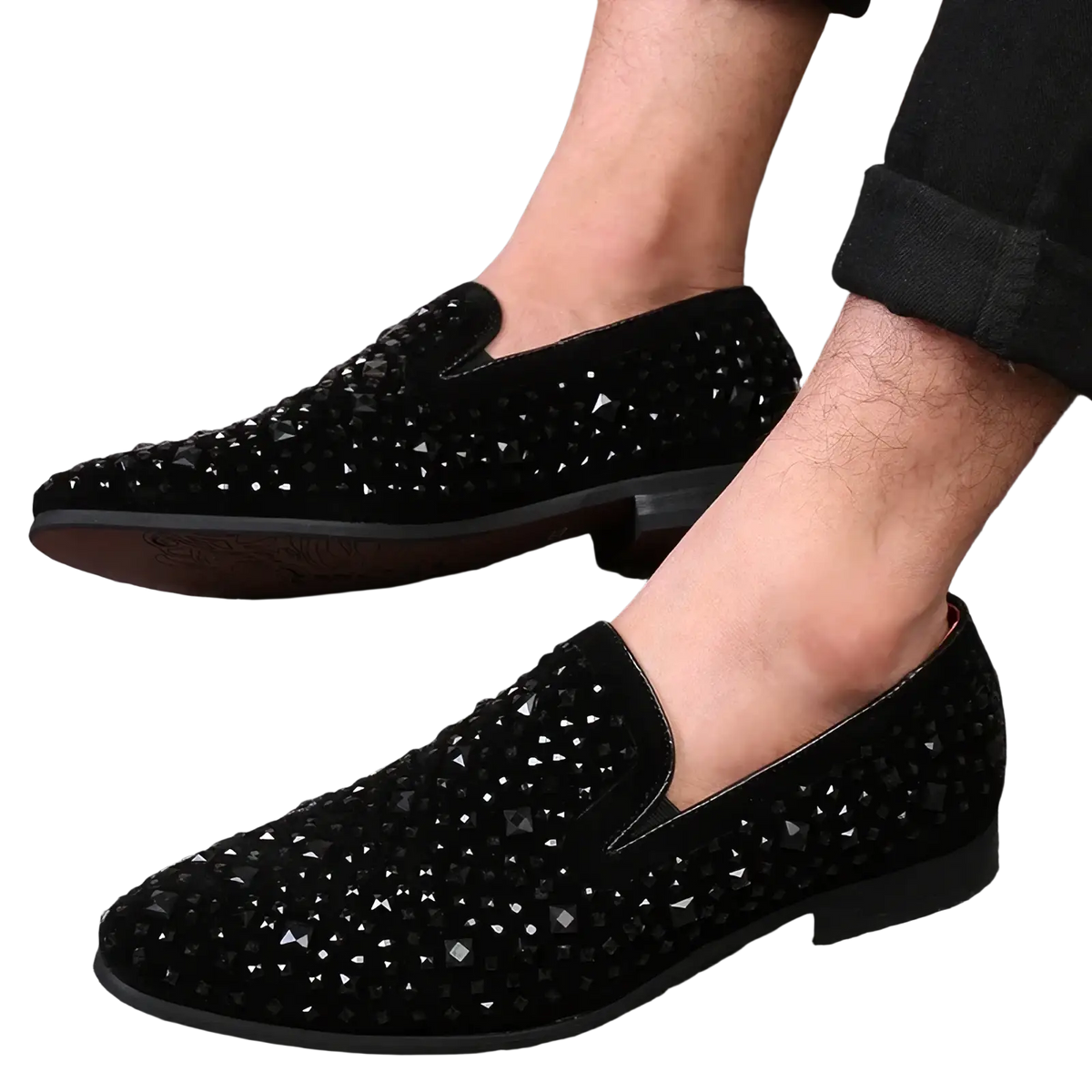 Black suede loafers with pointed toe adorned with sparkling black and silver rhinestones for elegant wear