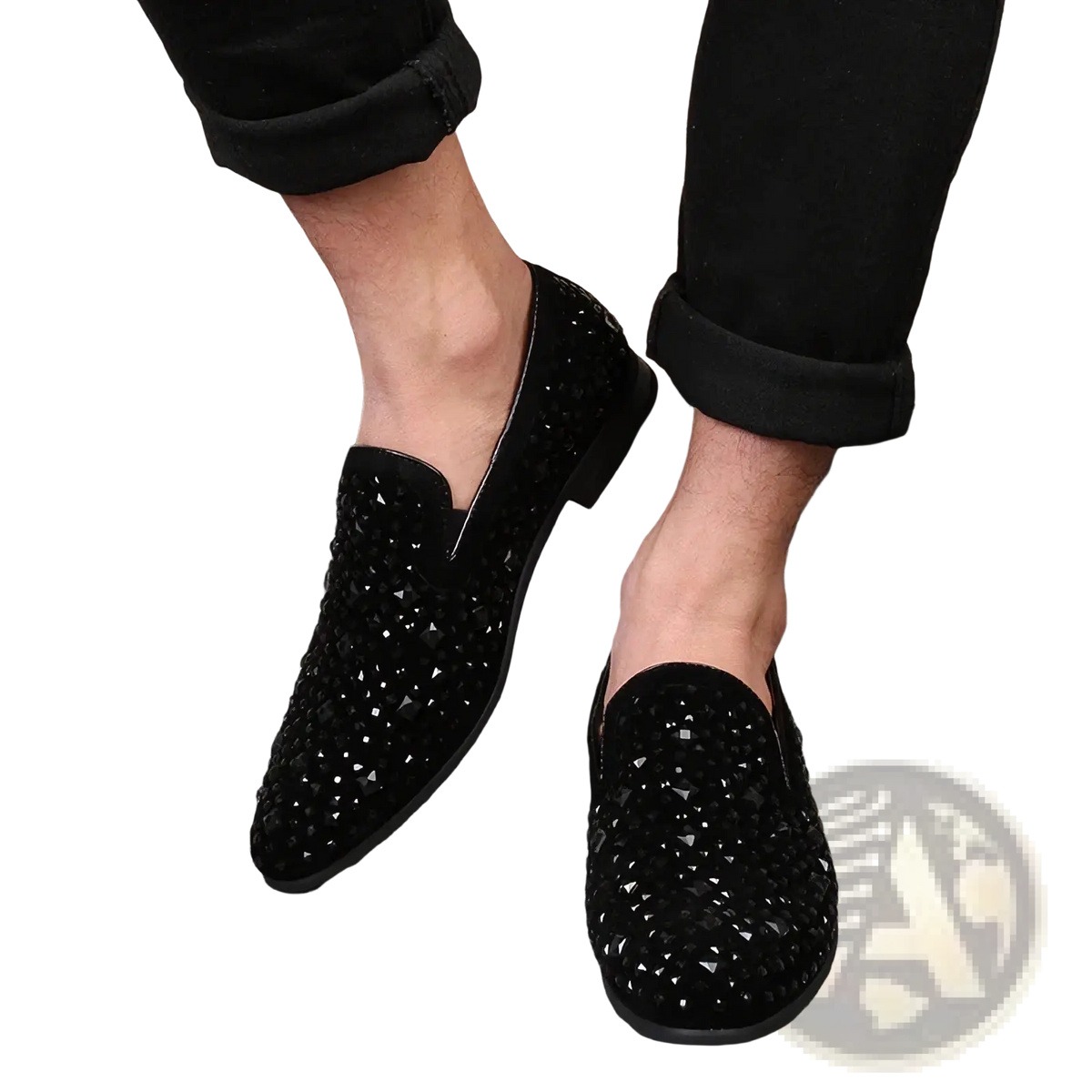 Black sequin pointed toe loafers in black suede adorned with sparkling embedded rhinestones for elegant wear