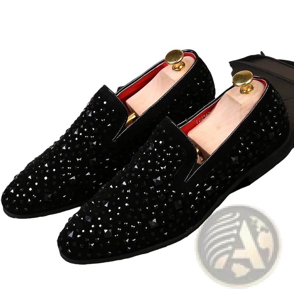 Black sequin pointed toe loafers in black suede with sparkling rhinestones and gold-toned shoe trees inside