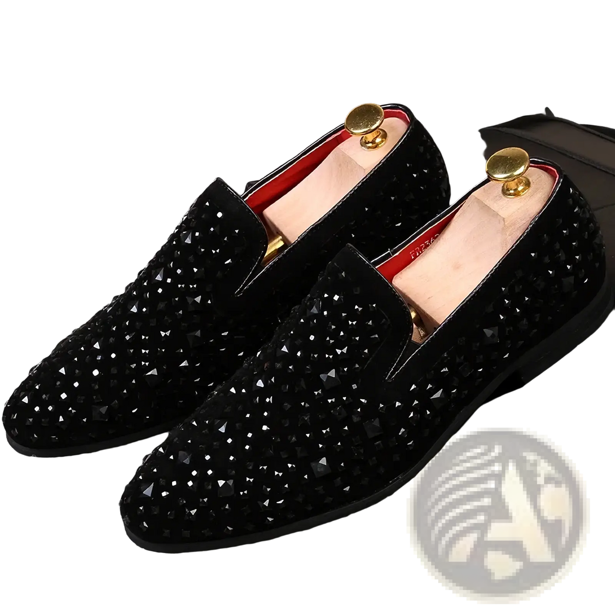 Black sequin pointed toe loafers in black suede with sparkling rhinestones and gold-toned shoe trees inside