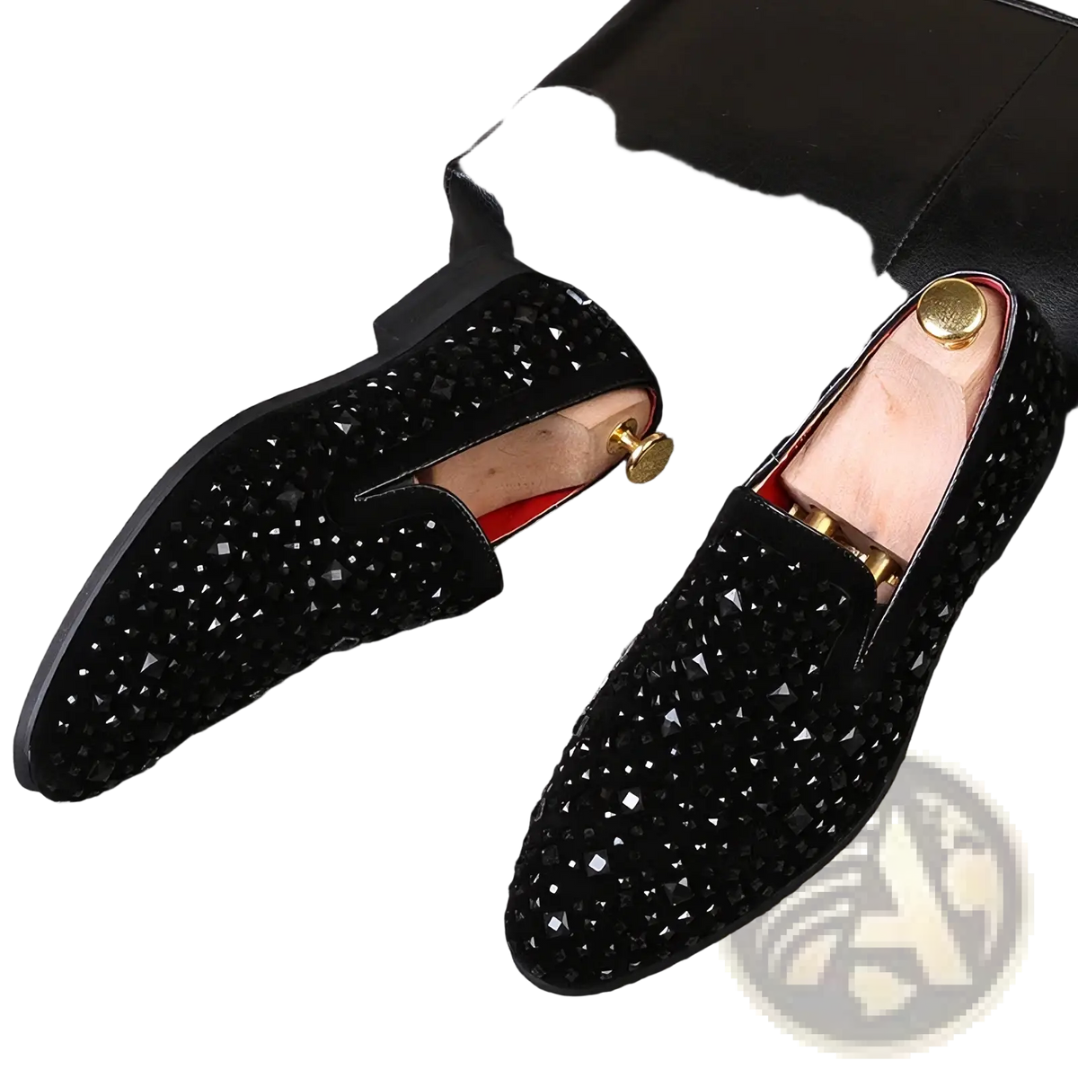 Black sequin pointed toe loafers in black suede with sparkling rhinestones and gold-toned metal accents on the insole
