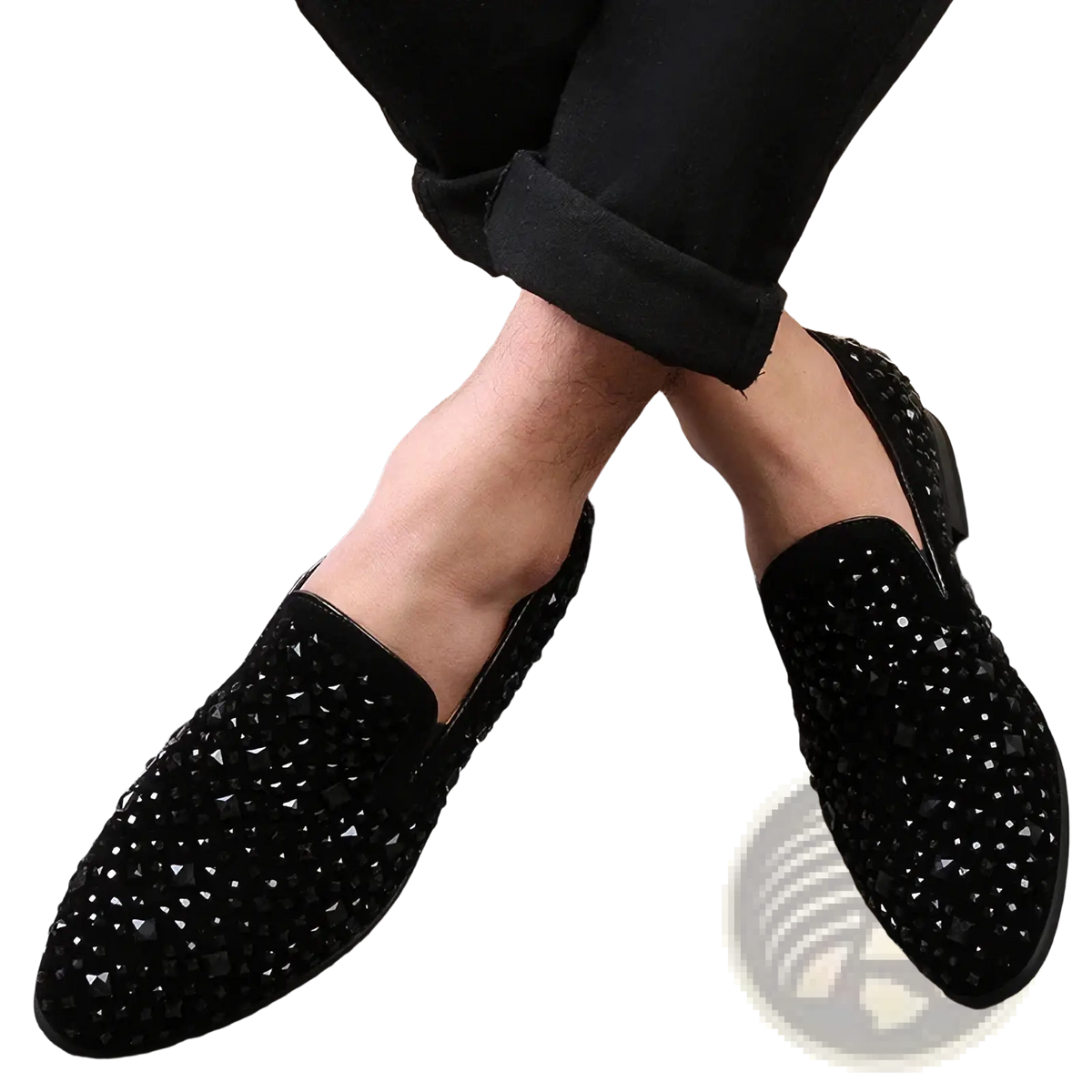 Black suede pointed toe loafers adorned with sparkling black and silver rhinestones for elegant wear