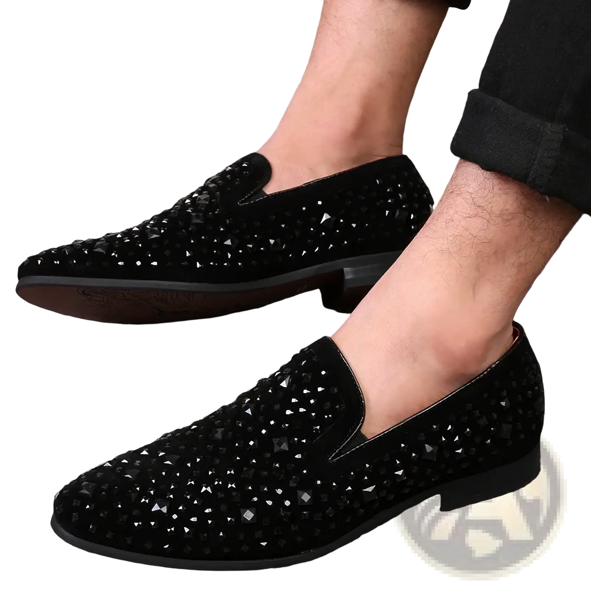 Black suede loafers with pointed toe adorned with sparkling black and silver rhinestones for elegant wear