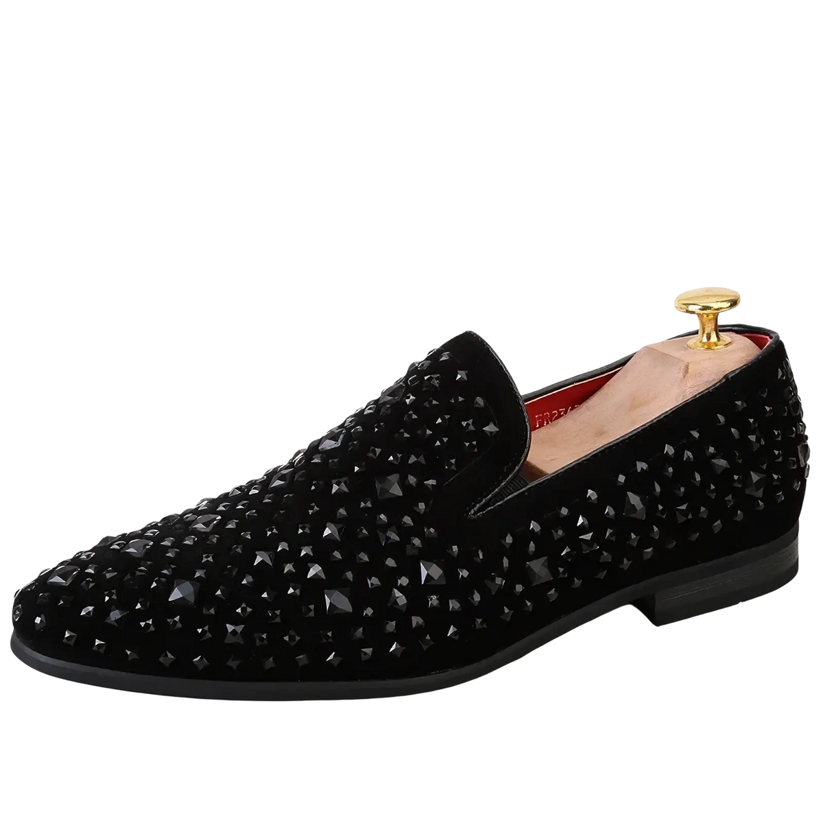 Black suede loafer with sparkling black rhinestones and pointed toe design in black sequin pointed toe loafers collection