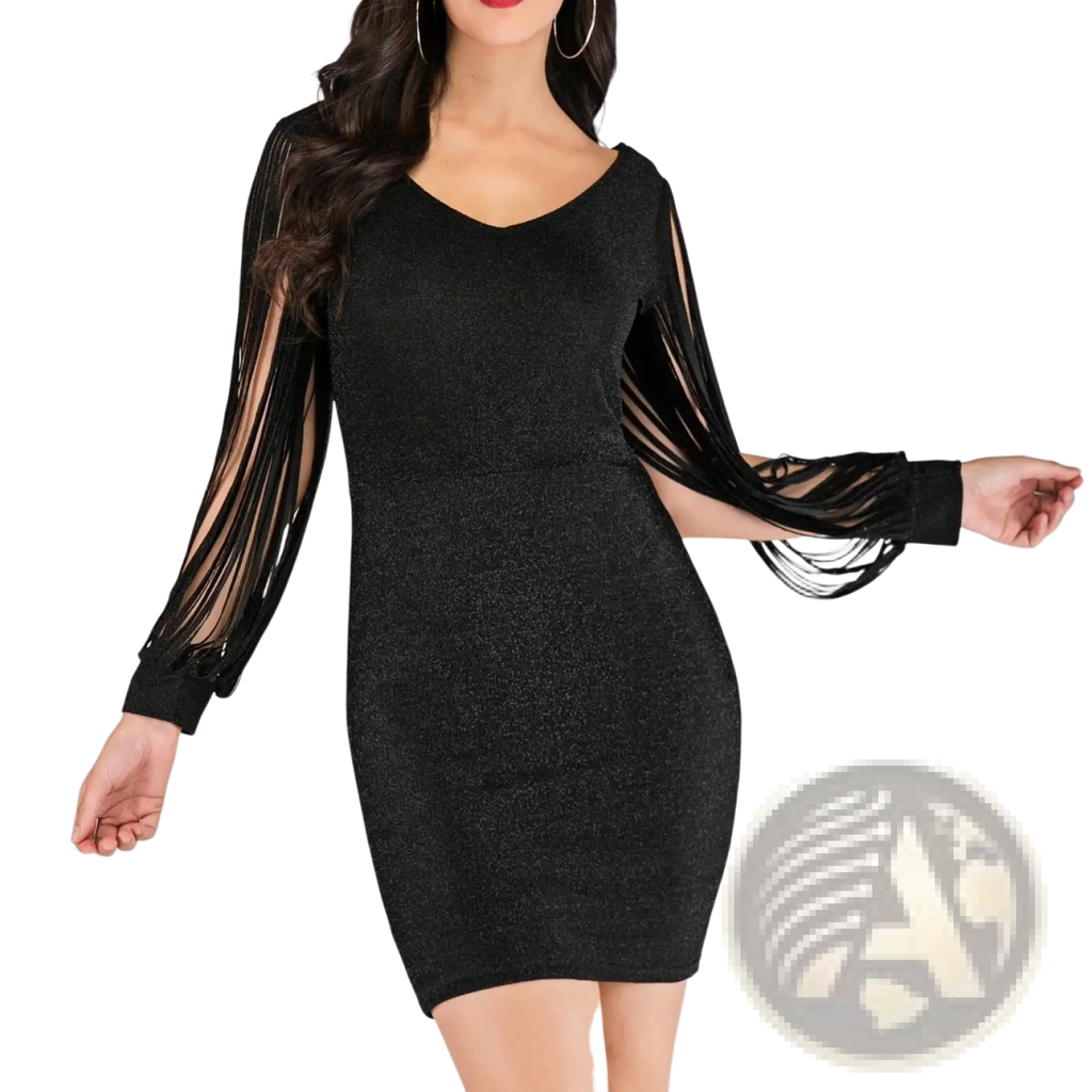 Black sequin tassel sleeve mini dress with shimmering bodycon fit and long sheer sleeves featuring fringe detailing