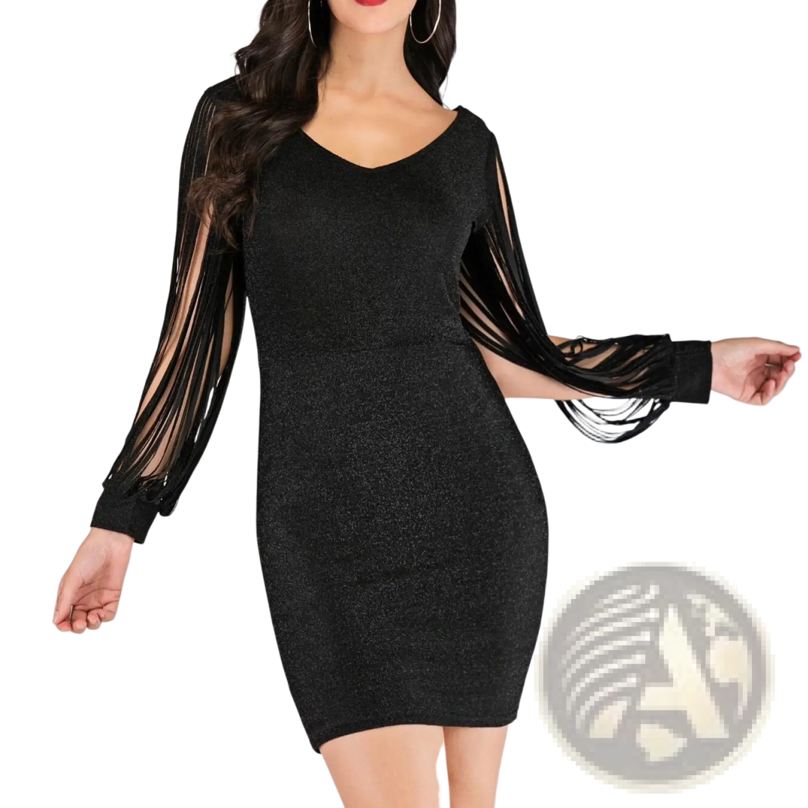 Black sequin tassel sleeve mini dress with shimmering bodycon fit and long sheer sleeves featuring fringe detailing