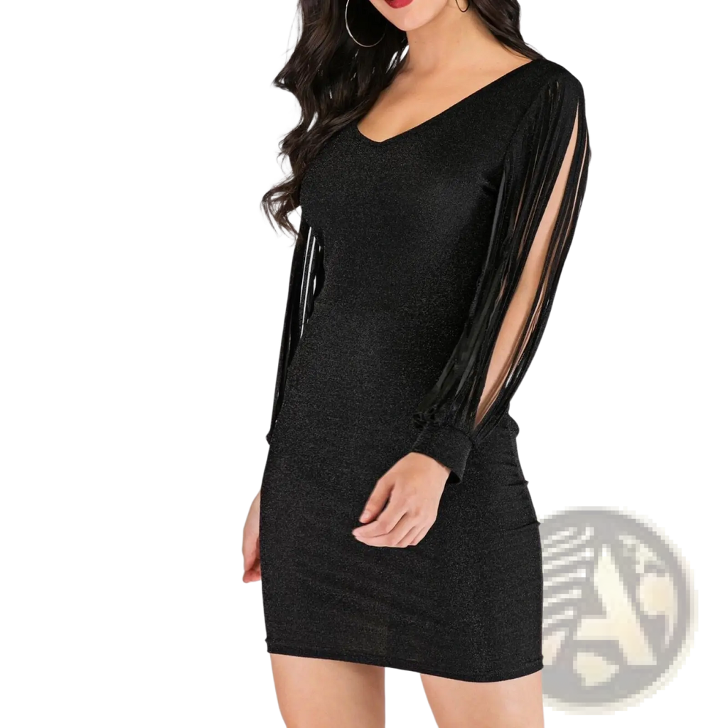 Black sequin tassel sleeve mini dress in shimmering fabric with long sleeves and sheer fringe detailing on the arms