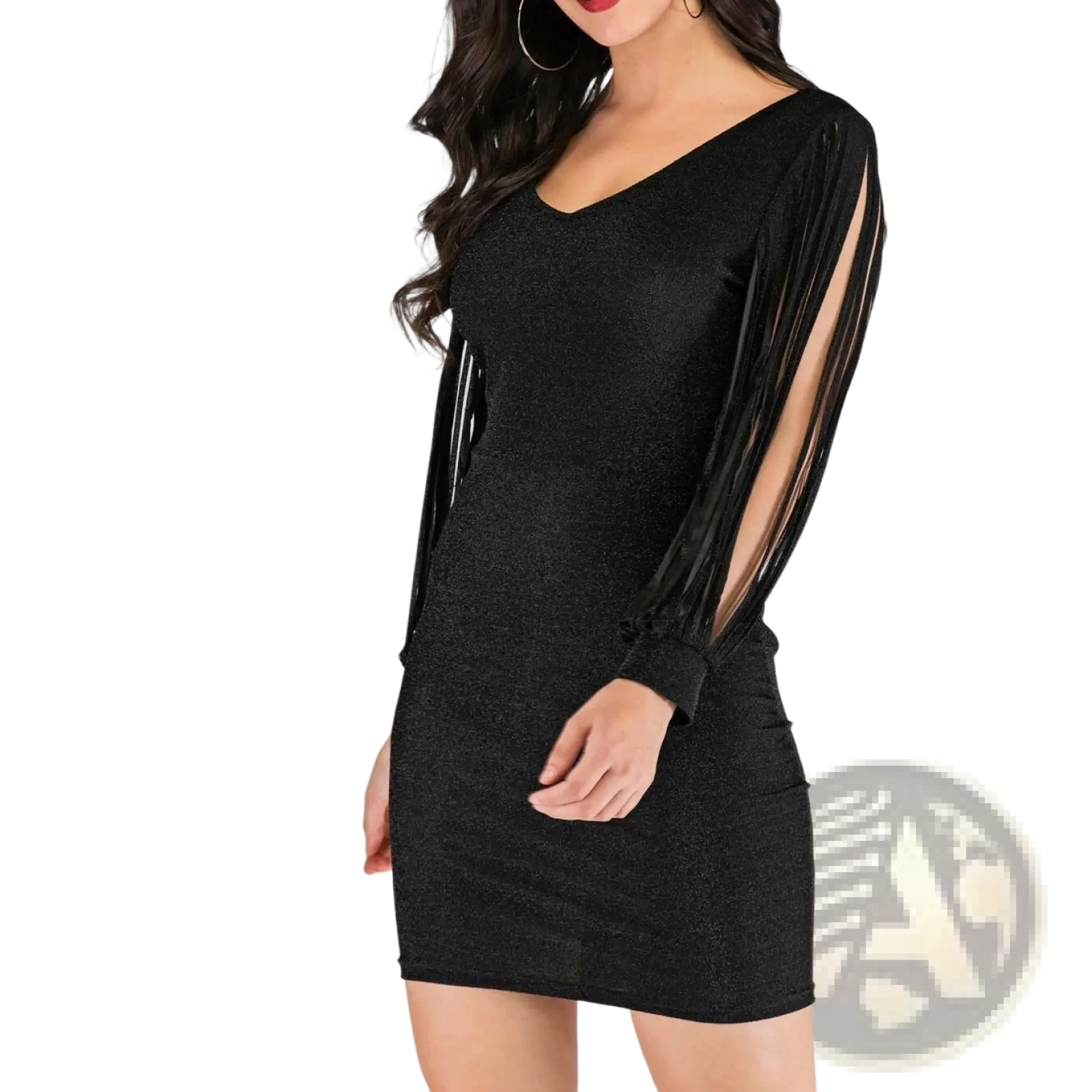 Black sequin tassel sleeve mini dress in shimmering fabric with long sleeves and sheer fringe detailing on the arms