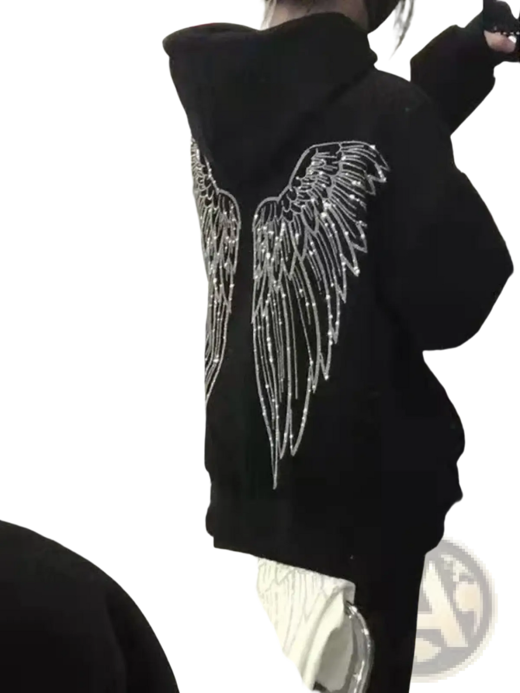 Black sequin wing oversized hoodie xxl showing back side with sparkling silver wing design on black fabric