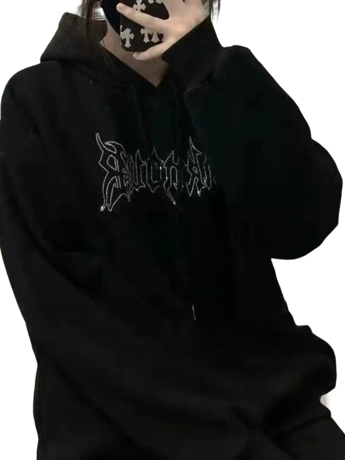 Black oversized hoodie in xxl with silver glitter sequin lettering across the chest for stylish casual wear