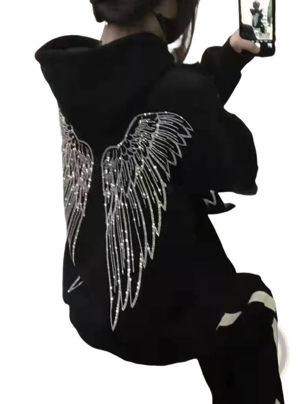 Black sequin wing oversized hoodie xxl showing the back with a sparkling silver wing design on black fabric