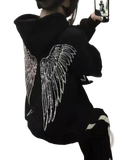 Black sequin wing oversized hoodie xxl showing the back with a sparkling silver wing design on black fabric
