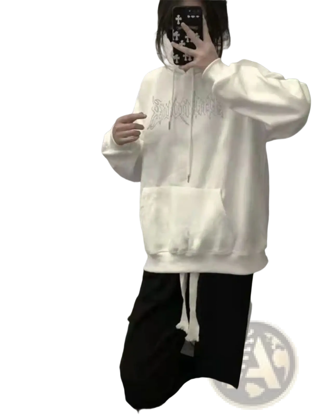 White oversized hoodie with silver embroidered lettering across the chest from black sequin wing collection xxl