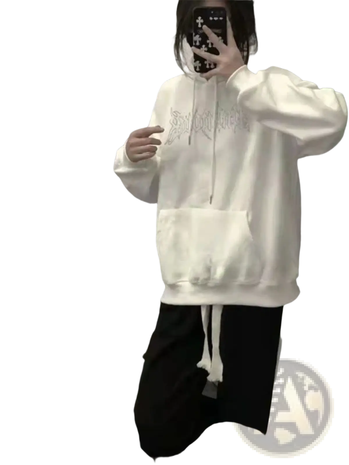 White oversized hoodie with silver embroidered lettering across the chest from black sequin wing collection xxl